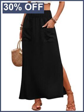 Linen Maxi Skirt High Waist Side Slit Flowy Long Skirt Pockets